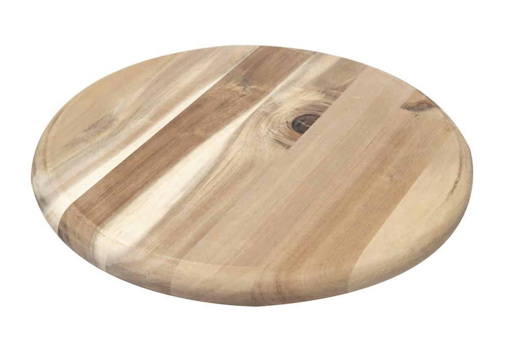 Round wooden cutting board with a smooth, light natural wood finish and visible grain patterns. The board features subtle variations in wood tones, giving it a clean and modern aesthetic. Perfect for kitchen prep or as a minimalist serving piece.