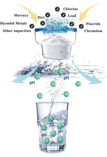 A diagram illustrating the filtration process of an alkaline water filter. The filter removes harmful substances such as mercury, lead, chlorine, fluoride, chromium, dirt, and other impurities from the water. As the water passes through the filter, it becomes enriched with essential minerals like calcium (Ca), potassium (K), sodium (Na), magnesium (Mg), iron (Fe), and zinc (Zn), while increasing its pH balance. The clean, mineral-enriched water is shown being poured into a glass, demonstrating the effective