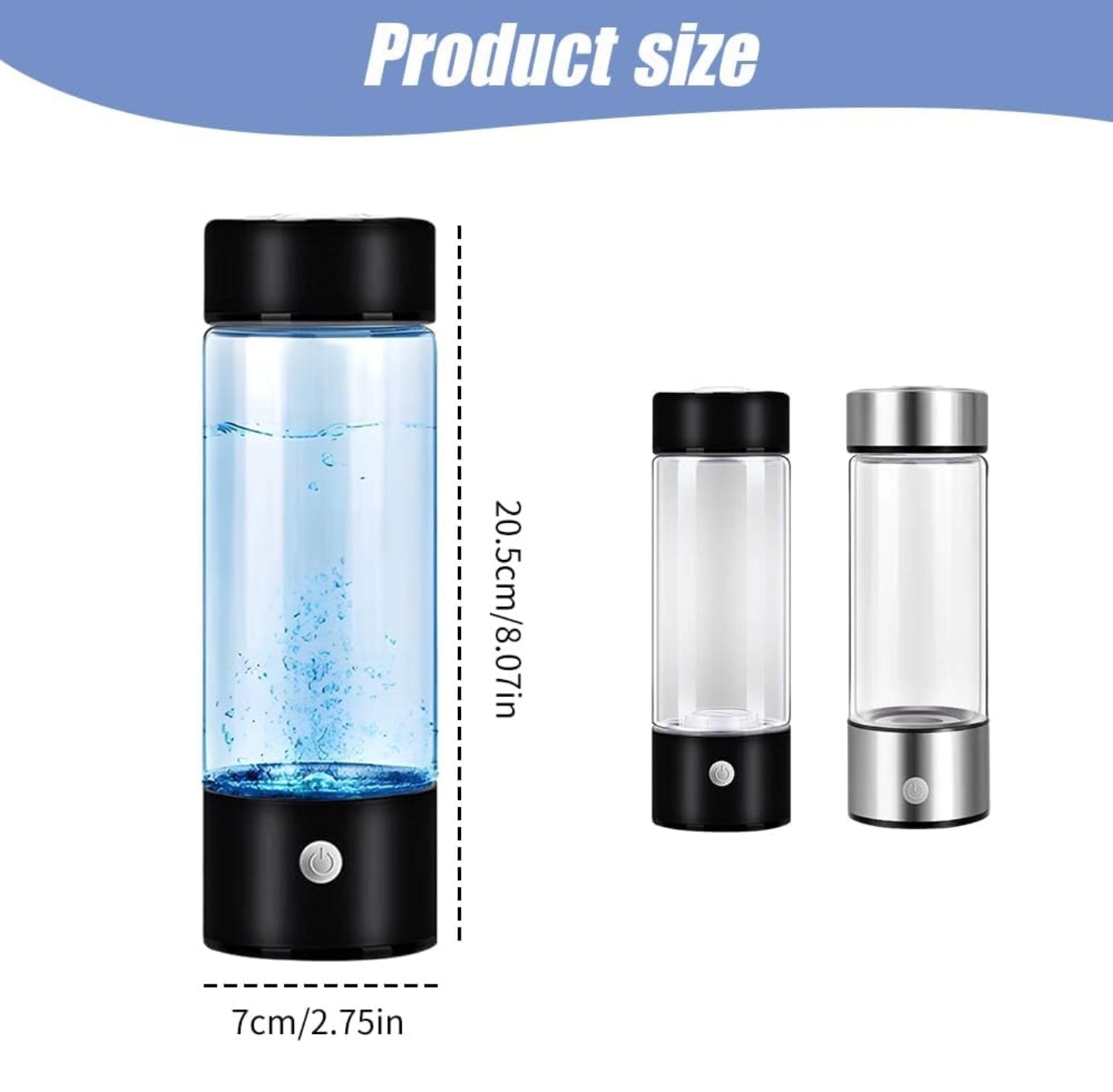 Product size comparison of a hydrogen water bottle, with dimensions of 20.5 cm (8.07 in) in height and 7 cm (2.75 in) in diameter, showing two bottle designs in black and silver.