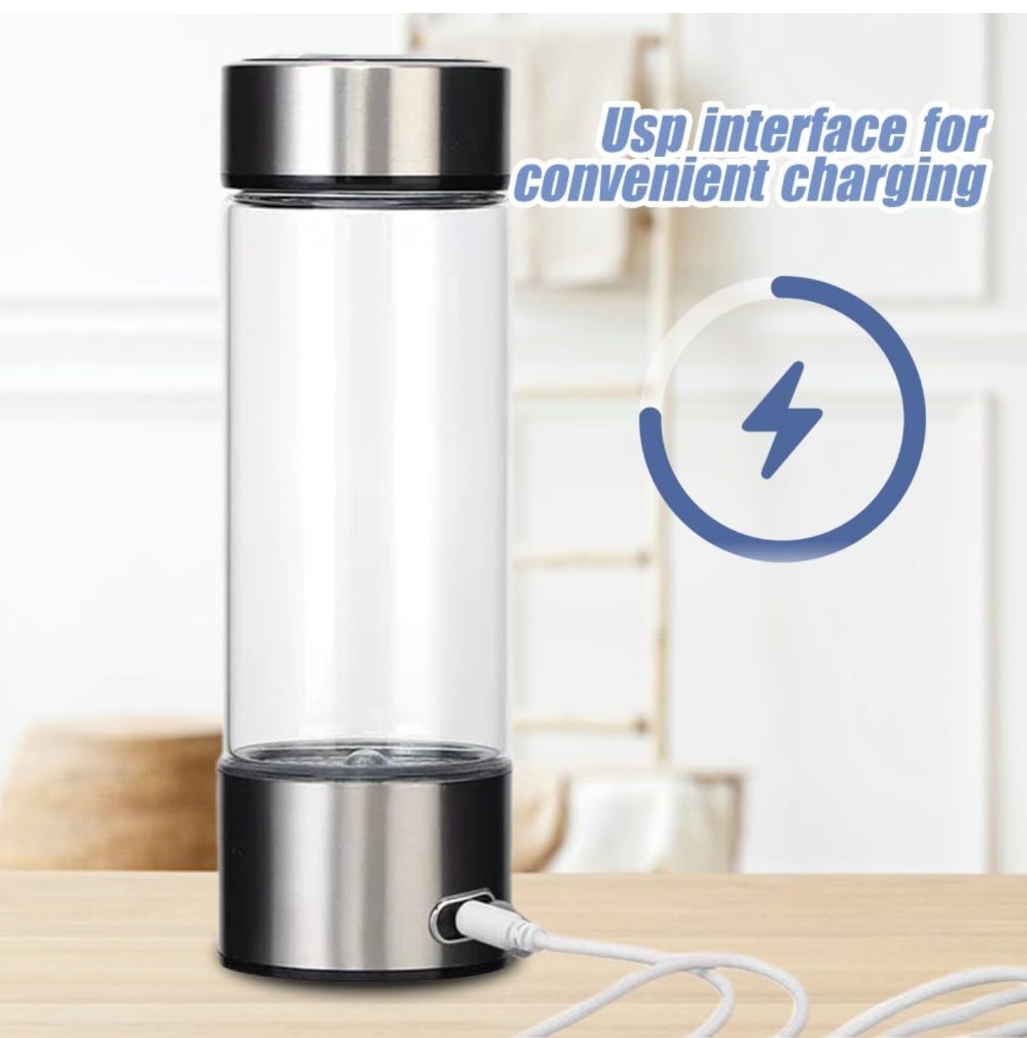 Hydrogen water bottle with stainless steel accents, connected to a USB charging cable, showcasing the convenient charging interface. The text highlights 'USB interface for convenient charging' with a charging symbol in the background, emphasizing ease of use and portability.