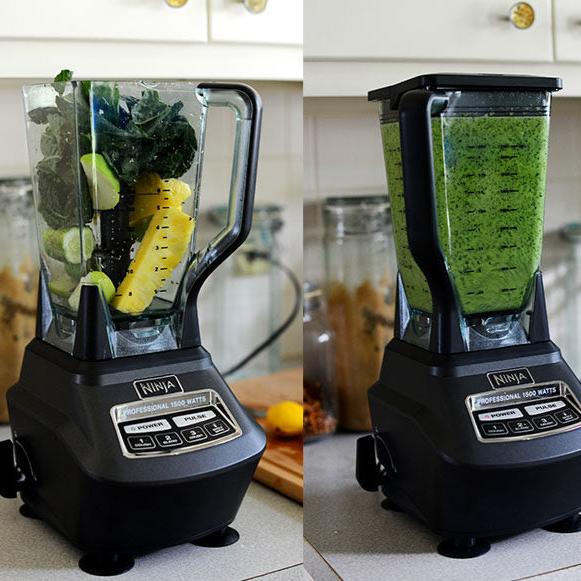 Two images of a blender showing fresh fruits and vegetables being blended into a green juice. The first image displays whole ingredients like kale, cucumber, and pineapple inside the blender, and the second image shows the ingredients fully blended into a vibrant green smoothie, ready for a healthy drink.