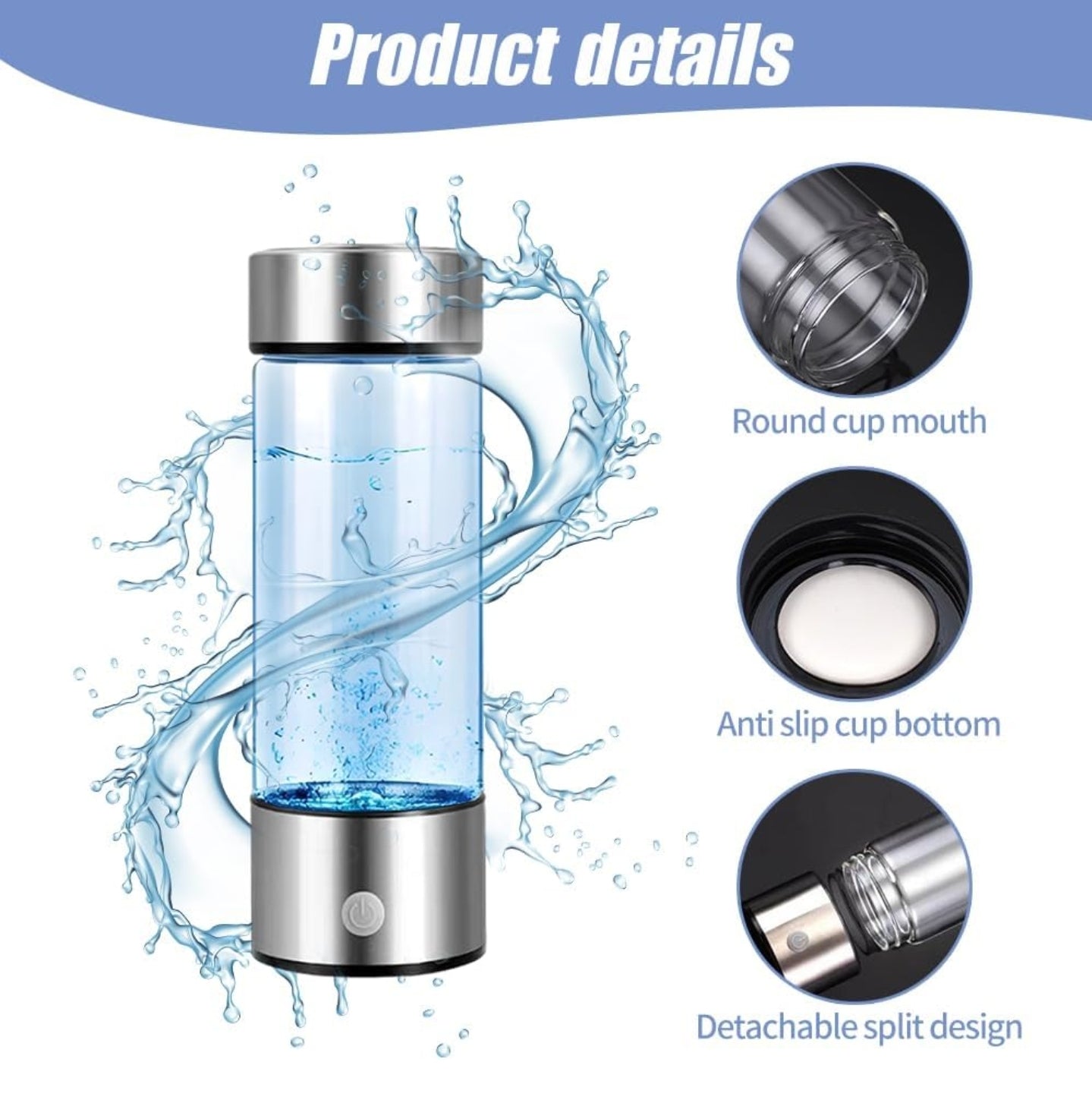 Hydrogen water bottle with sleek stainless steel top and bottom, featuring water swirling inside, showcasing the hydrogen infusion process. The background displays a water splash effect, highlighting the dynamic design and health benefits of hydrogen-infused water.