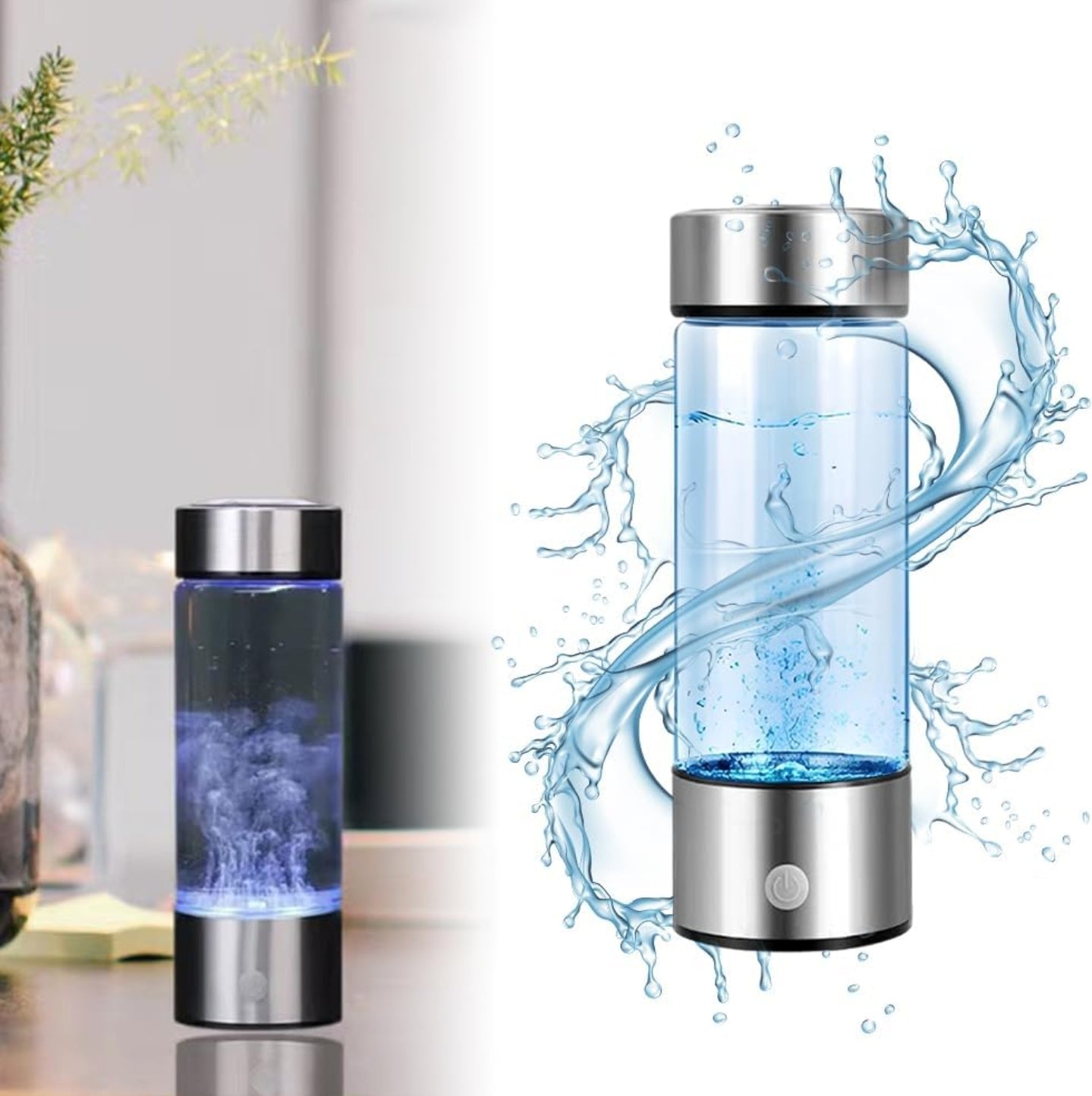 Hydrogen water bottle with sleek stainless steel top and bottom, featuring water swirling inside, showcasing the hydrogen infusion process. The background displays a water splash effect, highlighting the dynamic design and health benefits of hydrogen-infused water.